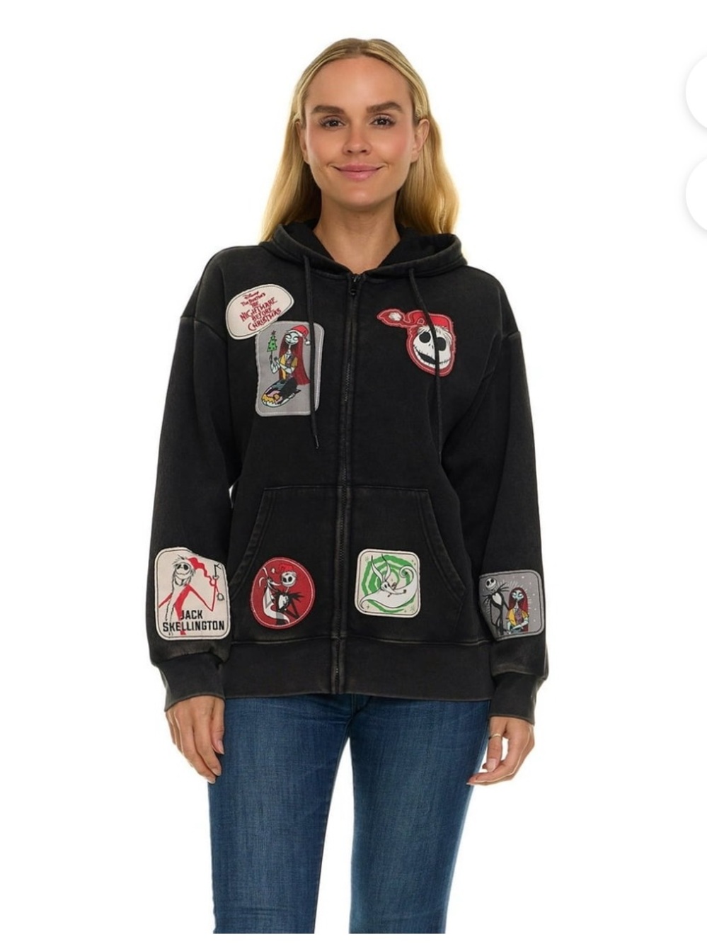 Disney Black Nightmare Before Christmas Zip-Up Hoodie with Patch Accents